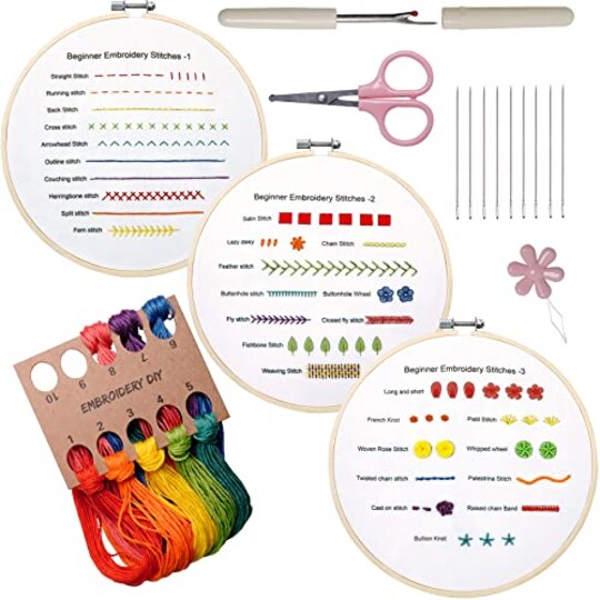 Bonroy; Beginners Embroidery Stitch Practice kit, 3 Sets Embroidery Kit to Learn 30 Different Stitches for Craft Lover Hand Stitch with Embroidery Fabric with Embroidery Skill Techniques; Category:Embroidery; Image:1